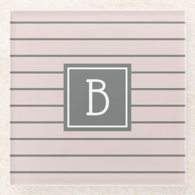 Modern Custom Monogrammed Pink & Gray Stripes Glass Coaster (Front)