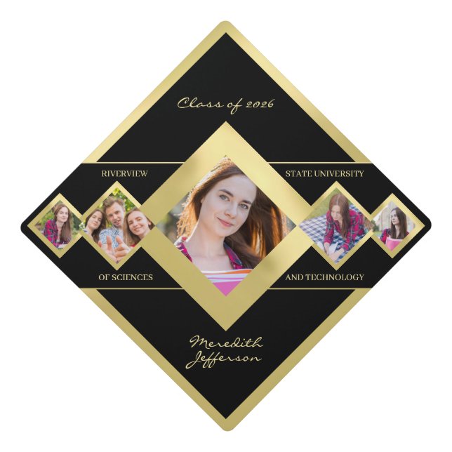 Modern Custom Multi‑Photo Gold Black Graduation Cap Topper (Front)