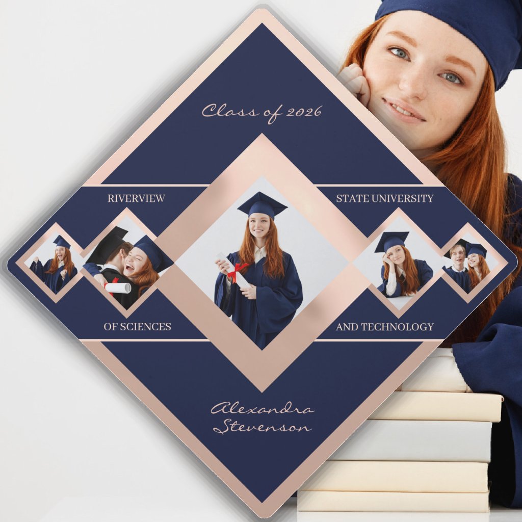 Modern Diamond Shaped Custom Multi‑Photo Rose Gold Blue Graduation Cap Topper
