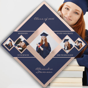 Modern Custom Multi‑Photo Rose Blue Graduation Cap Topper