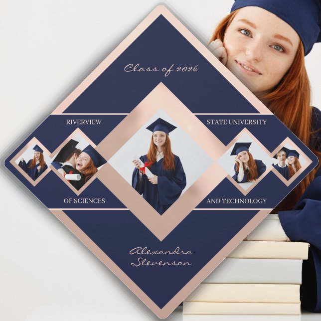 Modern Custom Multi‑Photo Rose Blue Graduation Cap Topper (Creator Uploaded)