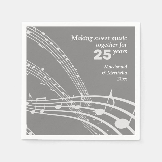 Modern Custom MUSIC NOTES 25th SILVER Anniversary Napkins (Front)