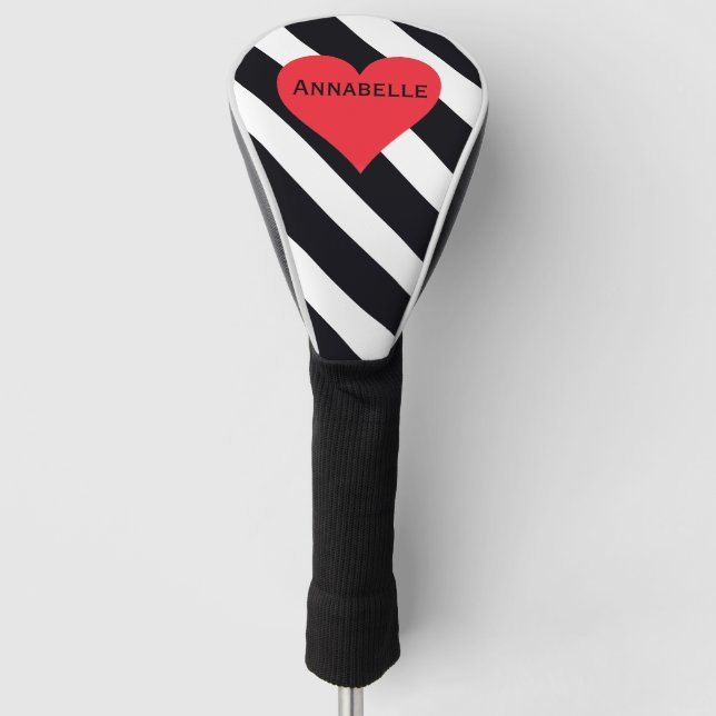 Modern Custom Name B & W Striped Cute Red Heart  Golf Head Cover (Front)