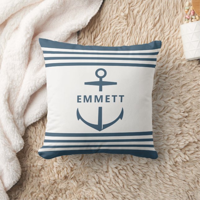 Modern Custom Name Blue Anchor Nautical Nursery  Throw Pillow (Blanket)