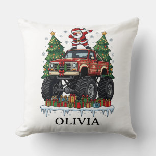 Modern Custom Name Christmas Monster Truck Throw  Pillow