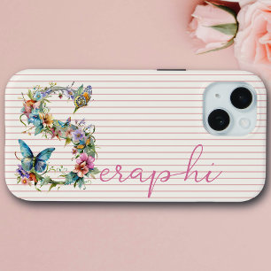 Modern Custom Name Floral Butterfly Initial Pink iPhone 15 Case