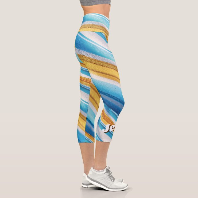 Modern  Custom Name Fun Blue Soft Yellow Capri Leggings (Right)