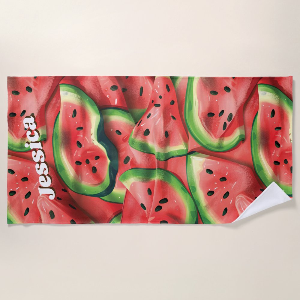 Discover Modern  Custom Name Fun Watermelon Beach Towel