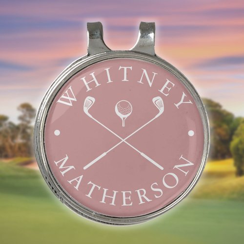 Modern Custom Name Golf Clubs Dusty Rose And White Golf Hat Clip