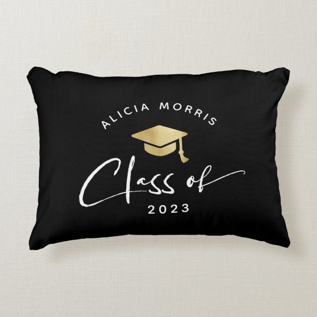 Modern Custom Name Graduation Trendy Script Gold Accent Pillow (Front)