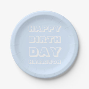 Modern Custom Name, Happy Birthday, light blue Paper Plates