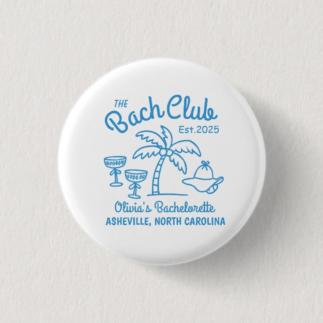 Modern Custom Name Island Date Bachelorette Blue Button (Front)