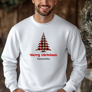 Modern Custom Name Plaid Tree Christmas Hoodie Gif