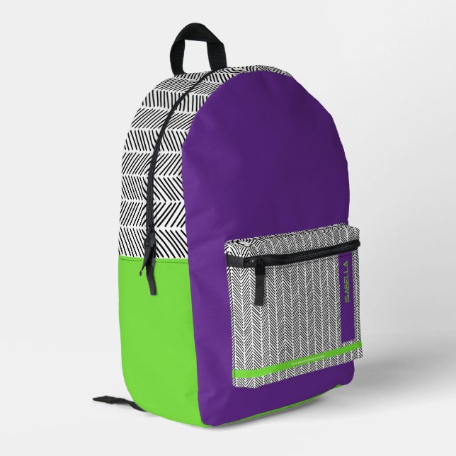 Modern Custom Name Purple Green | Personalized  Printed Backpack (Back Corner Left)