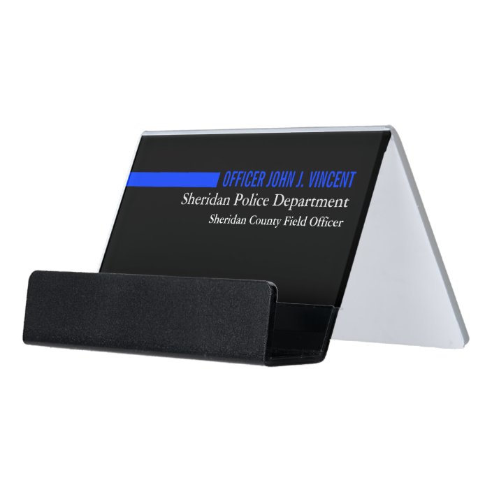Modern Custom Name Thin Blue Line Police Desk Business Card Holder Zazzle Com