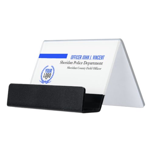 Modern Custom Name Thin Blue Line Police White Desk Business Card Holder
