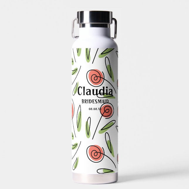 Modern Custom Name Watercolor Floral Wedding  Water Bottle (Front)