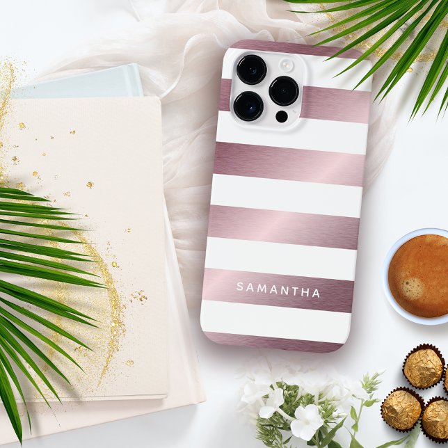 Modern Custom Name Wide Rose Gold White Stripes Case-Mate iPhone Case (Creator Uploaded)