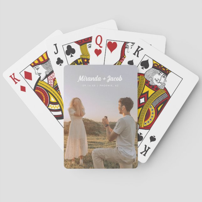 Modern Custom Names Engagement Photo Poker Cards (Back)