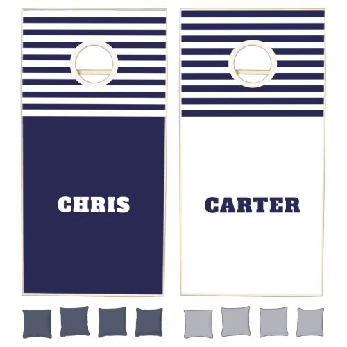 Modern Custom Names Navy Blue Stripes Cornhole Set