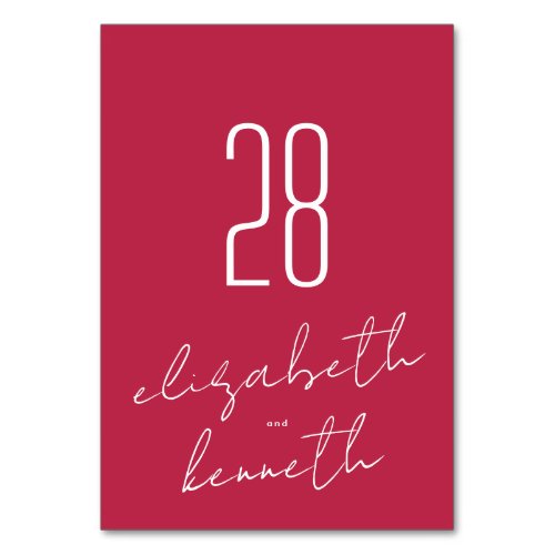 Modern Custom Names Red Magenta Wedding Table Number