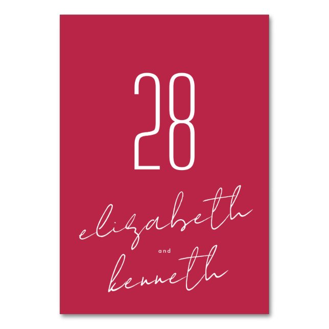 Modern Custom Names Red Magenta Wedding Table Number (Back)