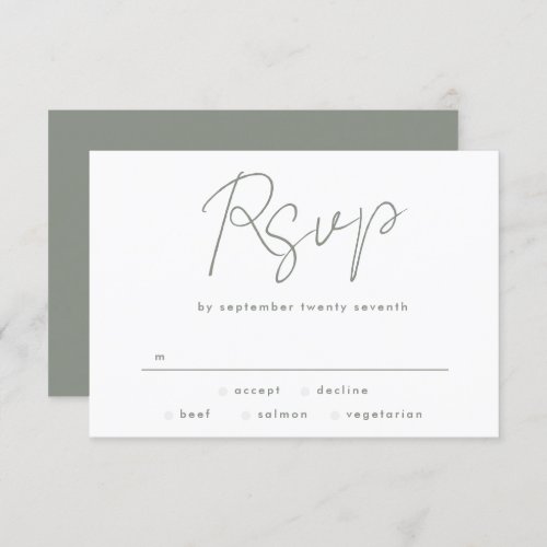 Modern Custom Names Sage Green White Wedding RSVP Card