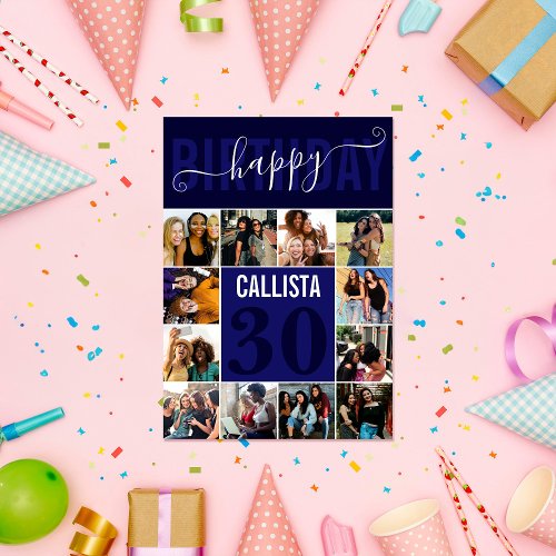 Modern Custom Navy Blue 12 Photo Birthday Card