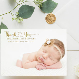 Modern Custom Newborn Baby Photo Gold Heart Script Thank You Card