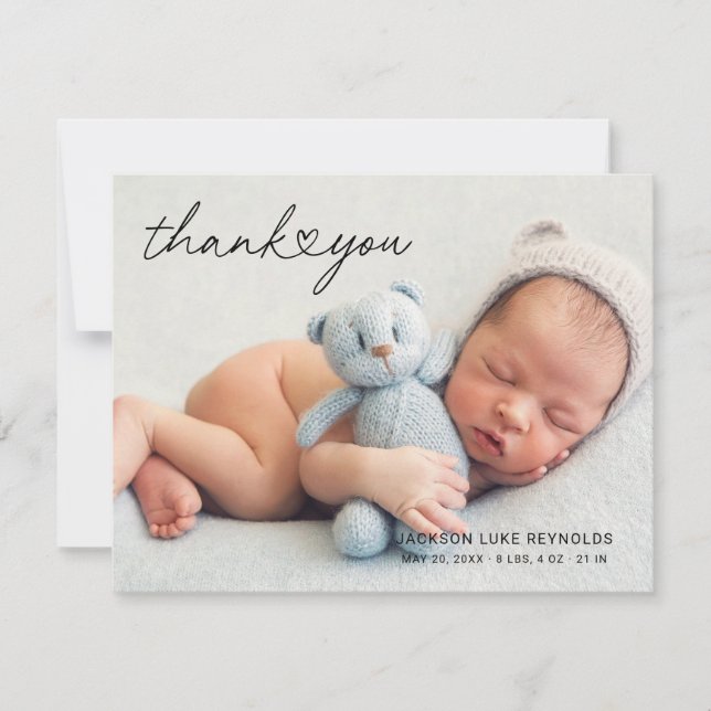 Modern Custom Newborn Baby Photo Heart Script Thank You Card (Front)