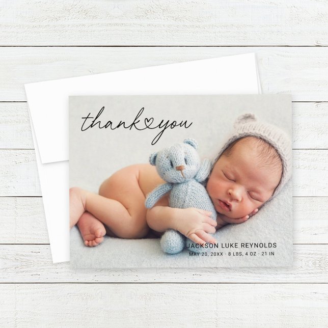 Modern Custom Newborn Baby Photo Heart Script Thank You Card (Creator Uploaded)