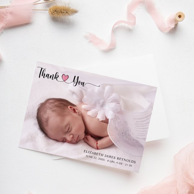 Modern Custom Newborn Baby Photo Pink Heart Script Thank You Card (Creator Uploaded)