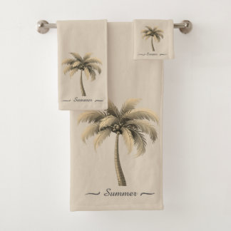 Modern Custom Palm Tree & Script on Beige Bath Towel Set