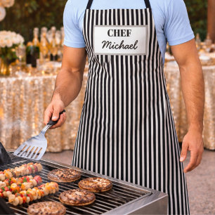Modern Custom Personalized Chef Black Striped Apron