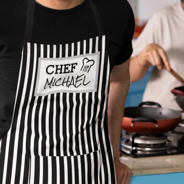 Modern Custom Personalized Chef Black Striped Apron (Creator Uploaded)