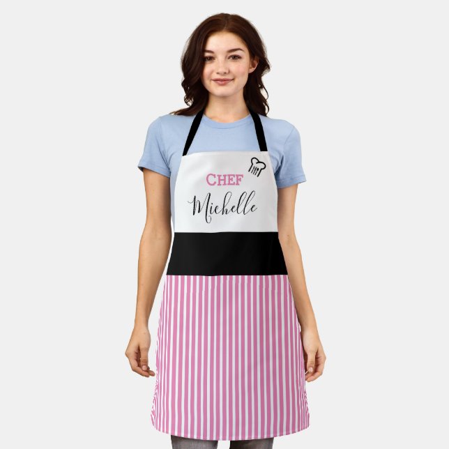 Modern Custom Personalized Chef Pink Striped Apron (Worn)