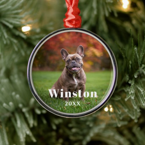 Modern Custom Pet Name Year Photo Holiday Metal Ornament