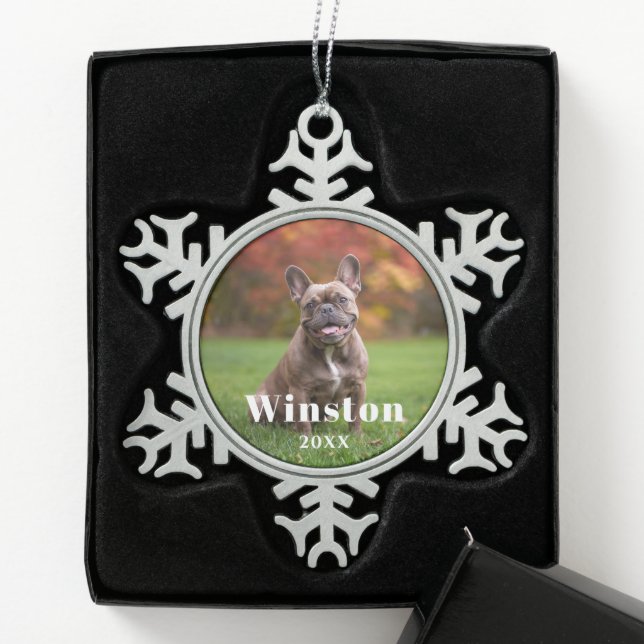 Modern Custom Pet Name Year Photo Holiday Snowflake Pewter Christmas Ornament (Box)