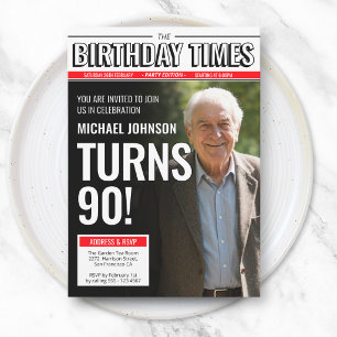 Modern Custom Photo 90th Birthday Newspaper Cover Invitation