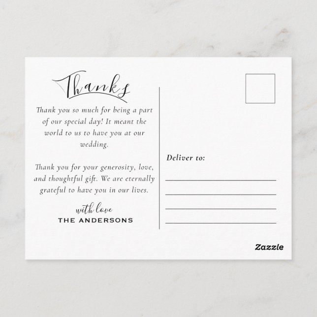 Modern Custom Photo Black & White Wedding Thankyou Postcard (Back)