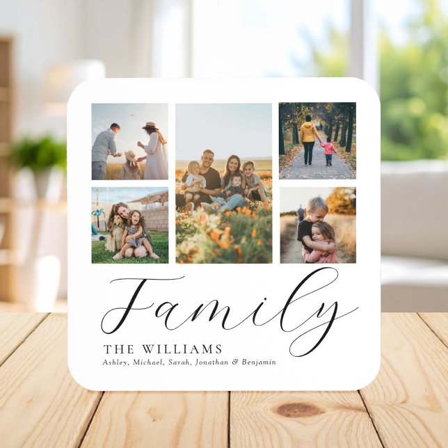 Modern Custom Photo Collage Elegant Script Family Beverage Coaster (Creator Uploaded)