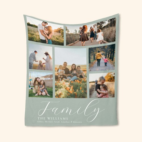 Modern Custom Photo Collage Elegant Script Family Fleece Blanket