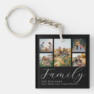 Modern Custom Photo Collage Elegant Script Family Keychain