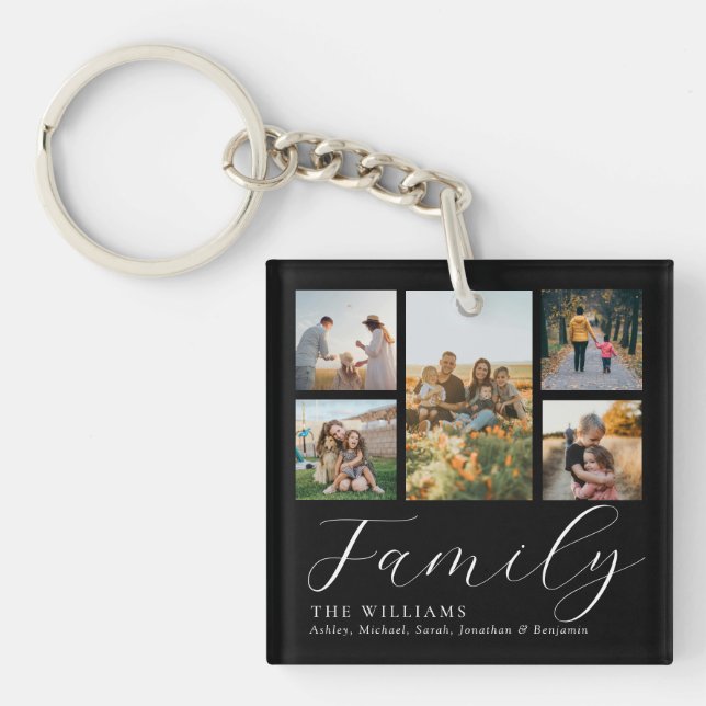 Modern Custom Photo Collage Elegant Script Family Keychain (Front)
