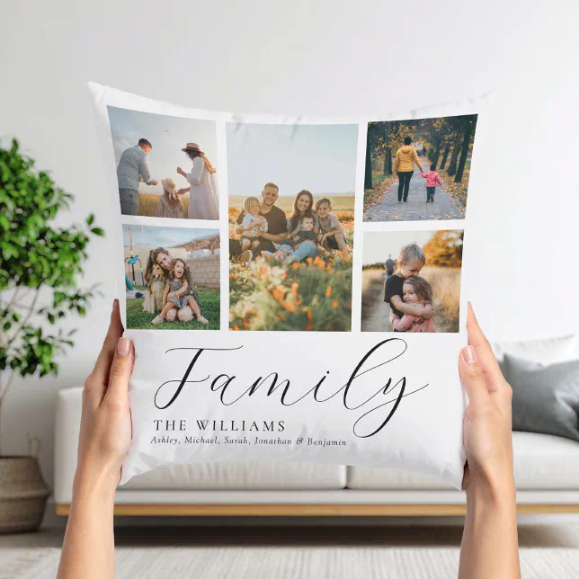 Modern Custom Photo Collage Elegant Script Family Throw Pillow | Zazzle