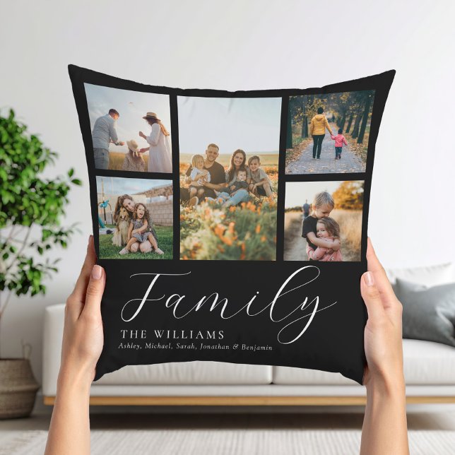 Modern Custom Photo Collage Elegant Script Family Throw Pillow (Creator Uploaded)