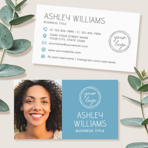 Modern Custom Photo Color Logo Brand Elegant Blue Business Card