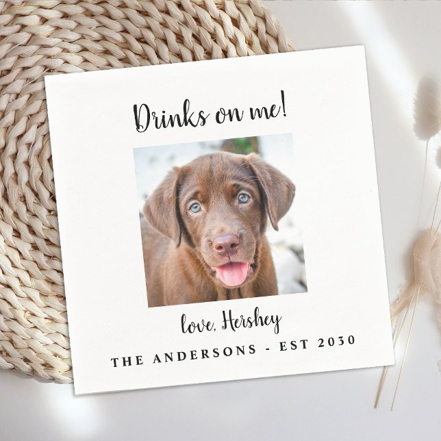 Modern Custom Photo Drinks On Me Dog Pet Wedding Napkins (Creator Uploaded)