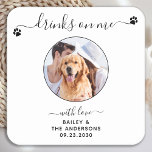 Modern Custom Photo Drinks On Me Pet Dog Wedding Square Paper Coaster<br><div class="desc">Drinks On Me! Add the finishing touch to your wedding with these cute custom photo wedding coasters . Perfect for your wedding after party and reception, and as wedding favors for your guests. Customize these photo dog wedding coasters with your favorite wedding photo, dog of honors photo, or your newlywed...</div>