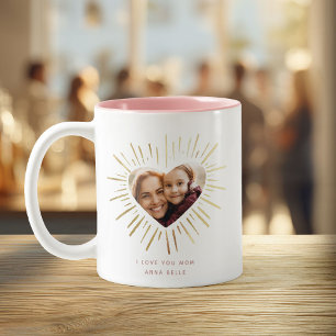 Modern Custom Photo Gold Heart Mother's Day Two-Tone Coffee Mug